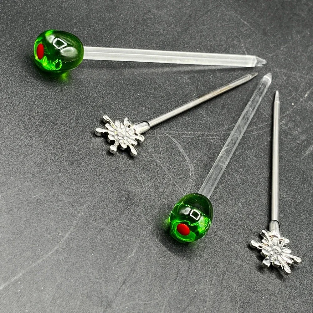 Set of 4 Cocktail Picks Glass Martini Olives Silver Snowflake Skewers Barware